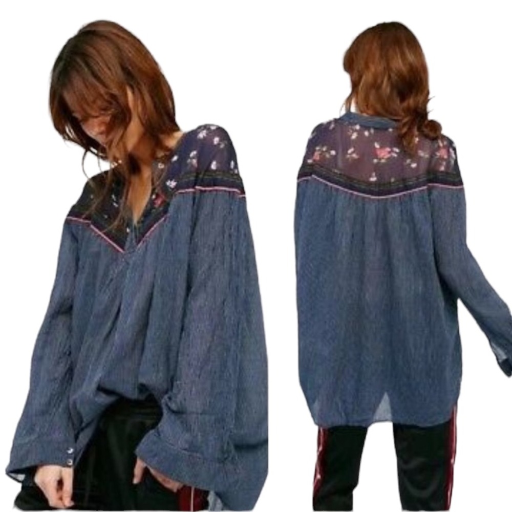 FREE PEOPLE woman's size small S Hearts and Colors floral striped oversized top